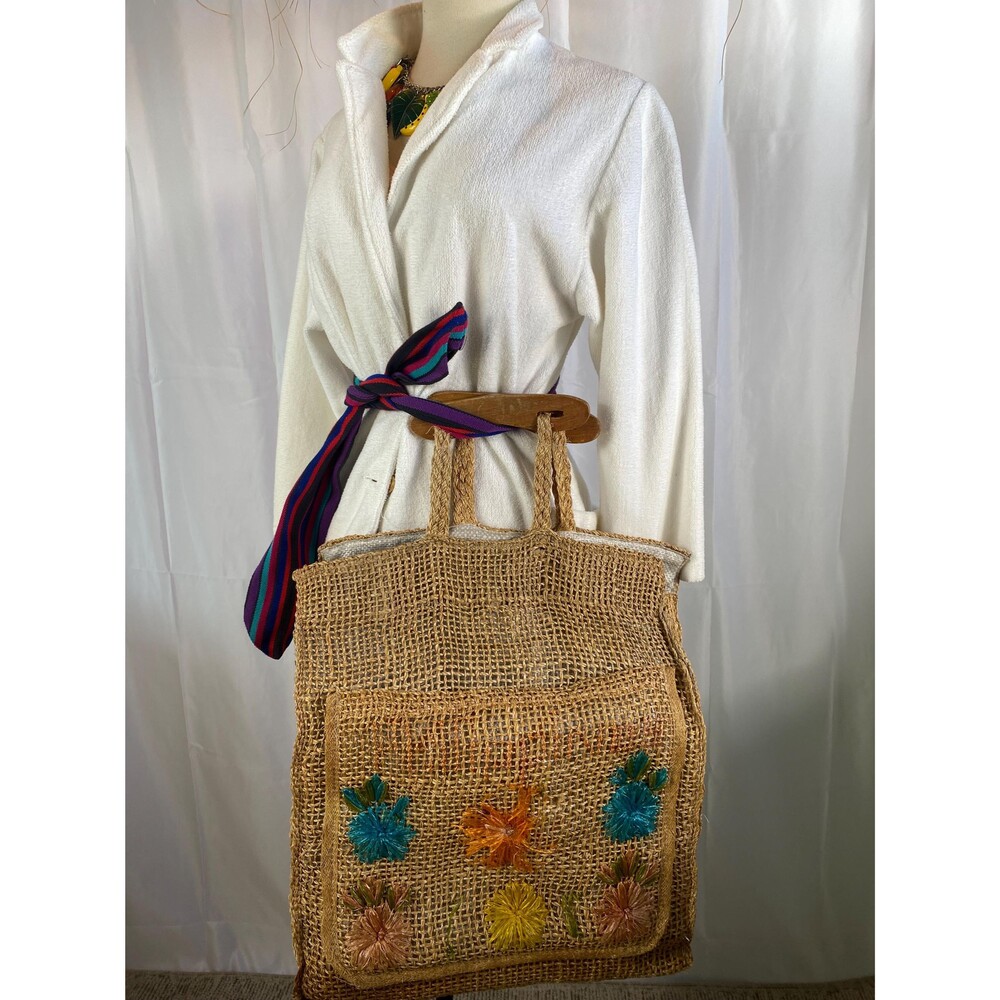 Vintage XL Jute Souvenir Purse Tote with Embroidered Raffia Flowers and Wood Han